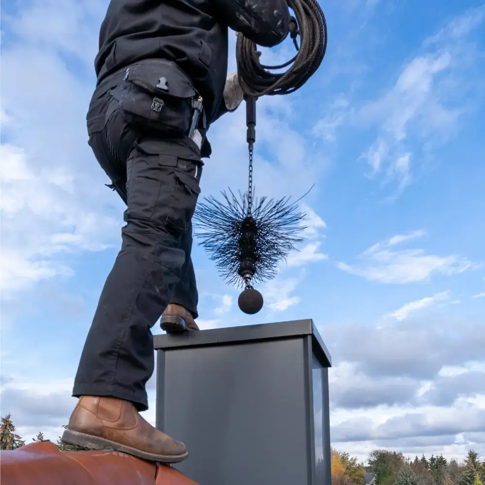 Person on a rooftop using a chimney-sweeping brush beside a metal chimney structure